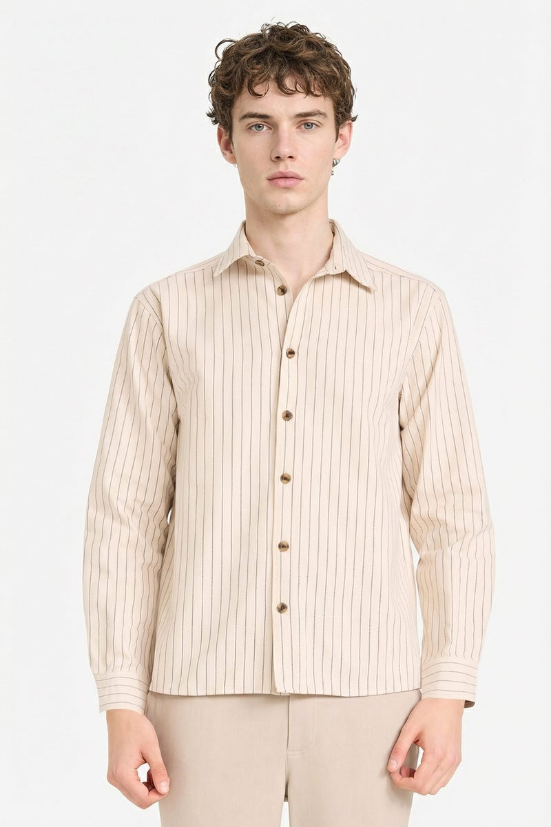 DeFacto Beige Man Flannel Striped Shirt Casual - Image 1